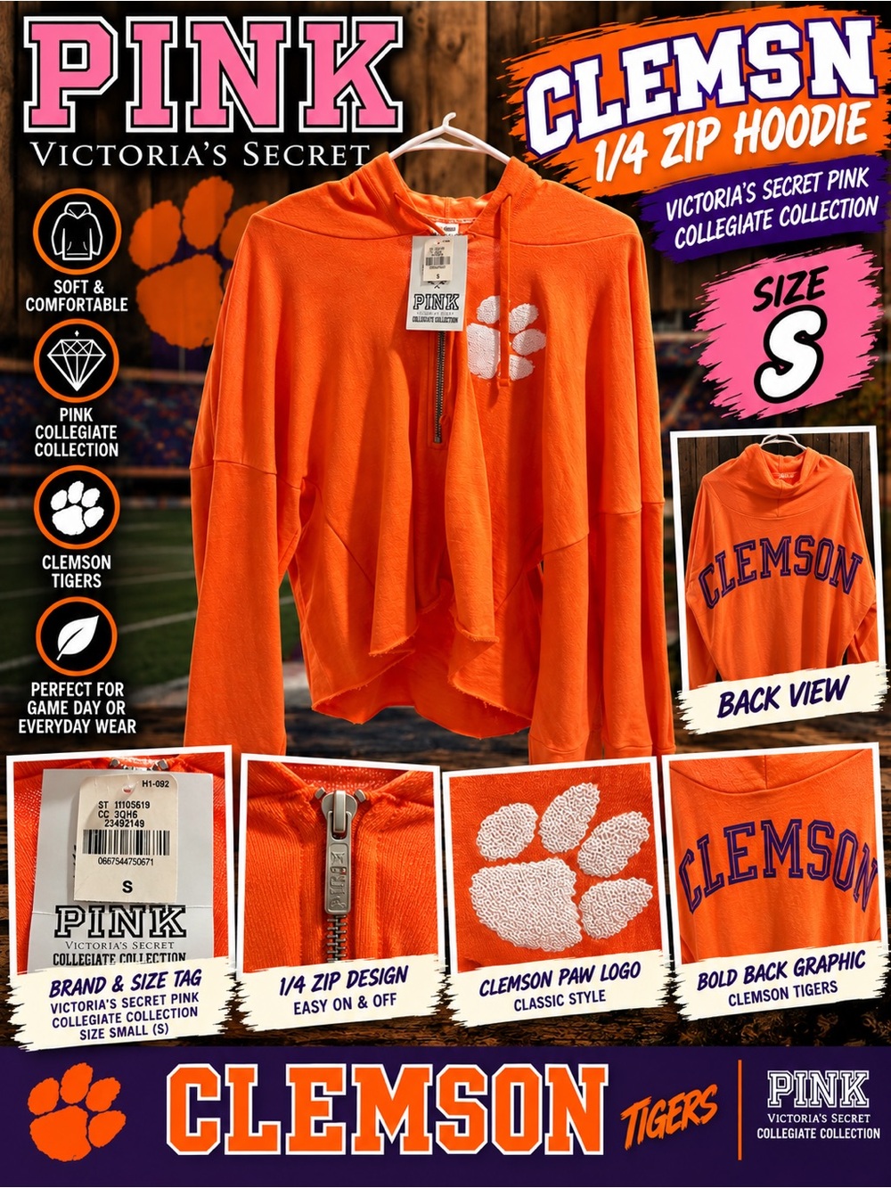 NWT PINK Victoria’s Secret Clemson Tigers 1/4 Zip Hoodie Orange Size S/P